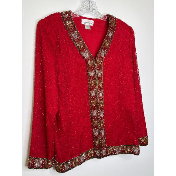 Vintage Laurence Kazer Silk beaded red formal cardigan Jacket Coat hoilday large - Picture 8 of 12